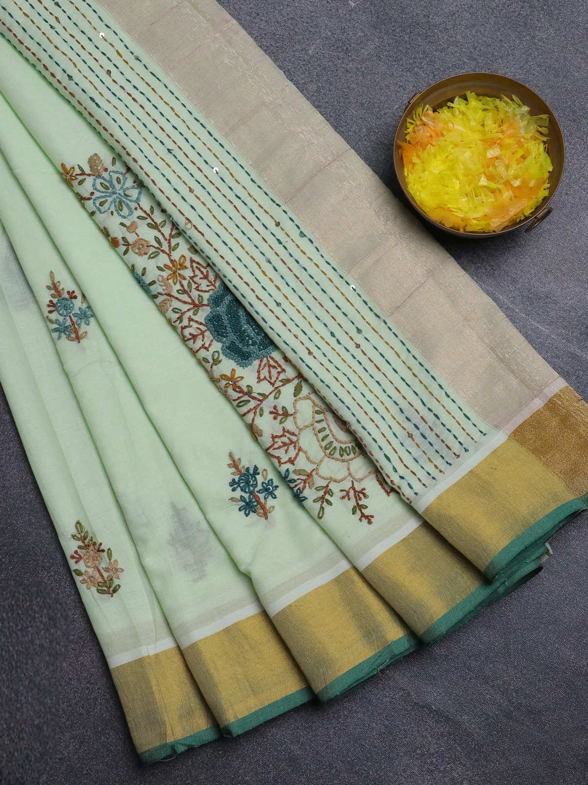 Mul Cotton Saree - Pista Green